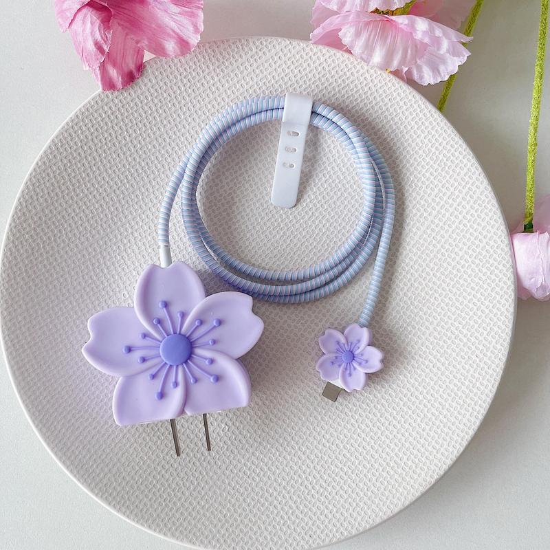 Cute Begonia Flower Pattern Charger & Data Cable Protective Case, Decorative Charger & Data Cable Protector Cover, Compatible with Apple 20W Fast Charger