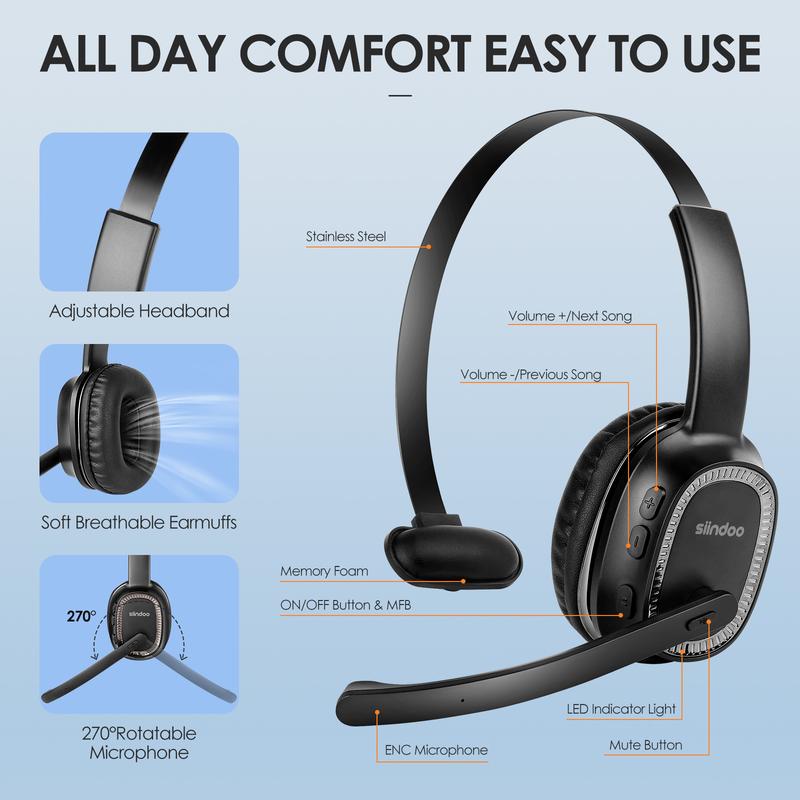 Siindoo Trucker Bluetooth Headphones with Microphone Noise Canceling Wireless On Ear Headset,Call Center Headphone Hands Free Headset For Office Home