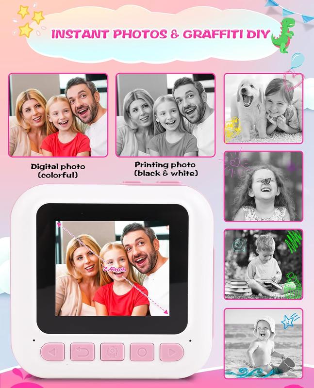 Instant Print Kids Camera, Christmas Birthday Gifts for Kids Girls Boys, 1080P HD Digital Video Kids Camera, Girls Toys Age 4 5 6 7 8 9 10 Years Old with 32GB SD Card, Pink