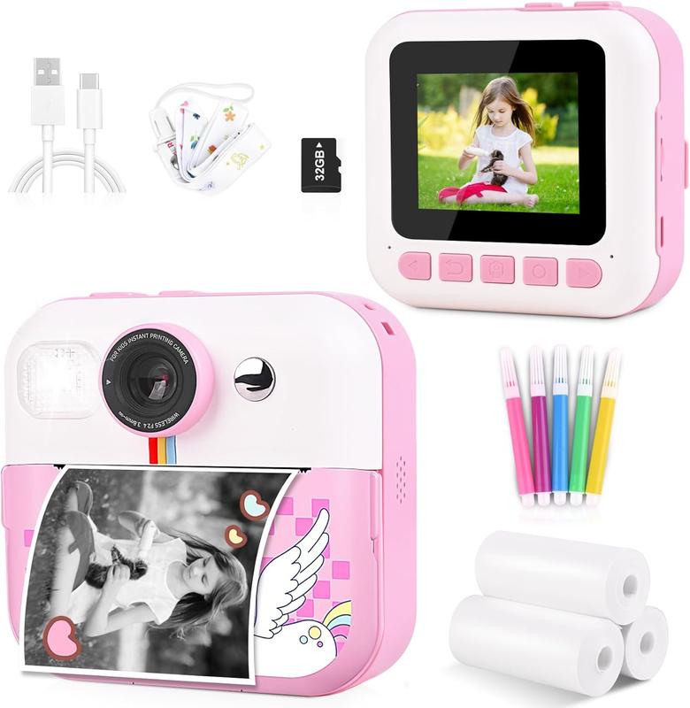 Instant Print Kids Camera, Christmas Birthday Gifts for Kids Girls Boys, 1080P HD Digital Video Kids Camera, Girls Toys Age 4 5 6 7 8 9 10 Years Old with 32GB SD Card, Pink