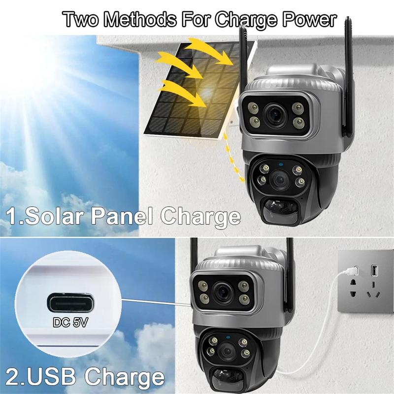 Solar Powered Security Camera, 2K Dual Lens Solar Security Camera with Wireless 2.4GHz WiFi, Outdoor Solar Powered Security Camera for Home Security