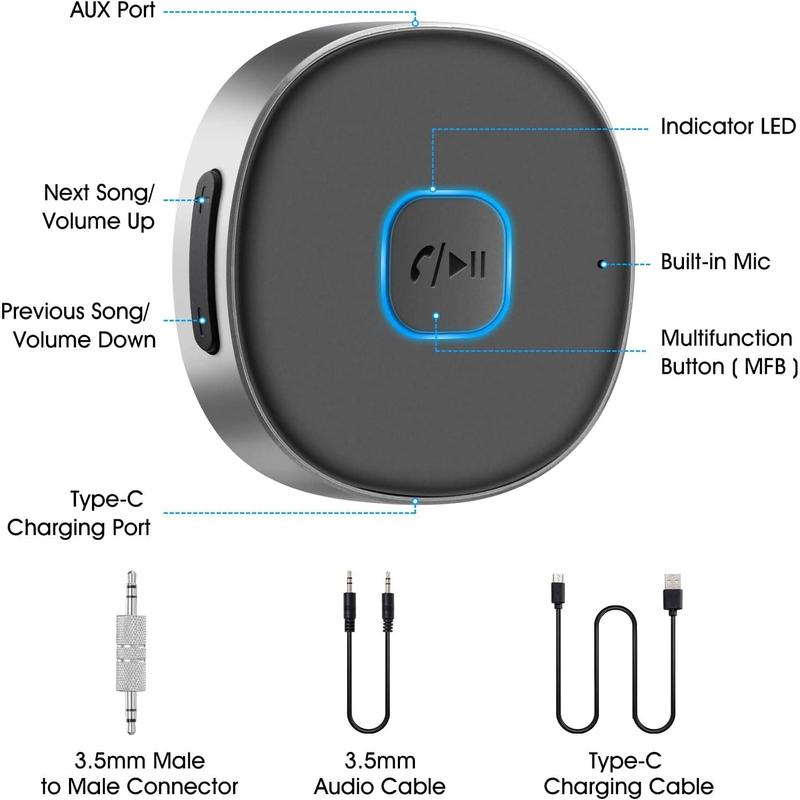 Bluetooth Aux Receiver, Portable 3.5mm Aux Car Adapter, Bluetooth 5.0 Wireless Audio Receiver for Car Home Stereo Wired Headphones Speaker, 16H Battery Life