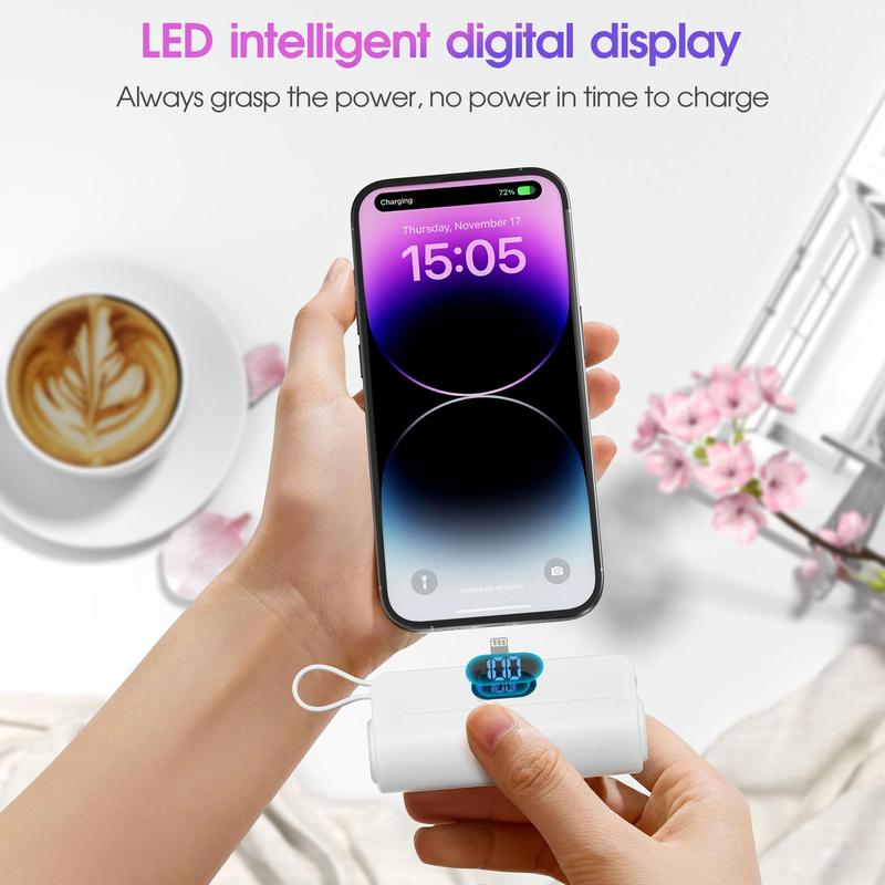 5000mAh Mini Power Bank with Built-in Cable, 1 Count Portable Power Bank with LED Digital Display & Bright Flashlight, Compatible with iPhone, Galaxy, Phone Accessories