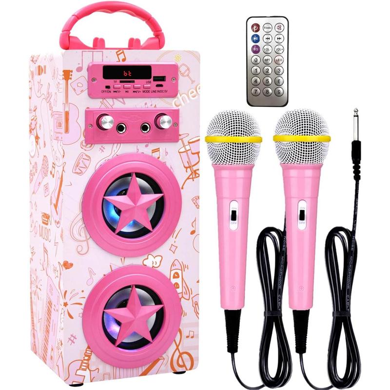 Karaoke Machine with 2 Microphones,  Remote Control Portable Karaoke Music MP3 Player Loudspeaker with Microphones for  Adults Home Party (Pink)