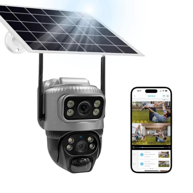 Solar Powered Security Camera, 2K Dual Lens Solar Security Camera with Wireless 2.4GHz WiFi, Outdoor Solar Powered Security Camera for Home Security