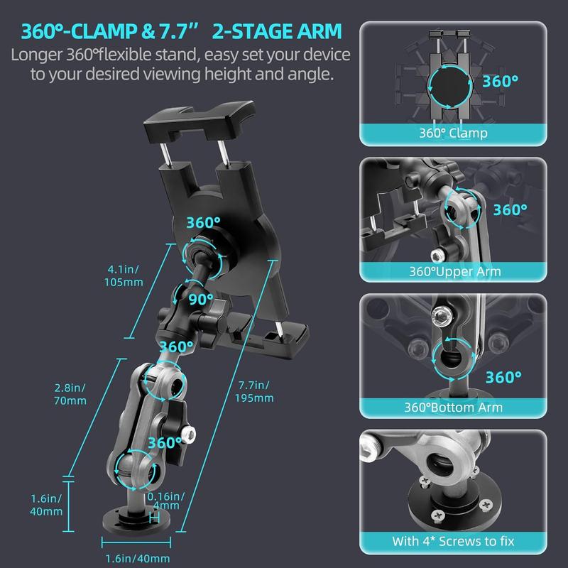 Aluminum Heavy Duty Drill Base Tablet Holder Car Mount Dashboard, 360° Adjustable 2-Stage Stand for 4.7-12.9