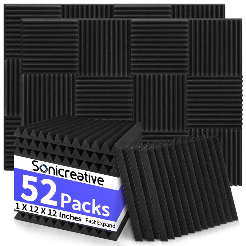 Audio visual accessories 52 Pack Noise Reduction Foam Panels Black 1 X 12 X 12 Inches For audio and video room Noise Reduction Studio, Foam Panels For Walls, Suitable For Live Broadcast Audio And Video Room Recording Room