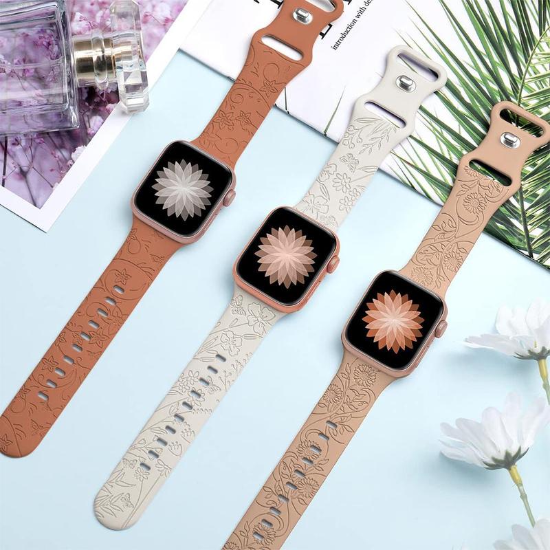 Flower Pattern Silicone Watch Band (Band Only), 3 Counts Breathable Silicone Wristband, Solid Color Replacement Sports Watch Band for iWatch, Fashion Wearable Accessories for Women, Fun Summer Gift, Smartwatch, Wearable Devices