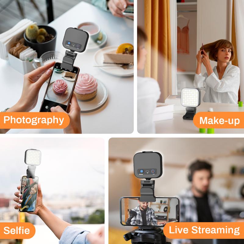 Portable LED rechargeable selfie light with front and rear clip-on cell phone light, adjustable 5 lighting modes for cell phone, IPhone, Android, IPad, laptop, makeup, selfie, video conference