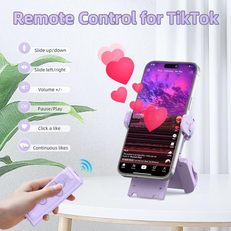 Remote Control Scrolling for Tiktok with Phone Stand,Page Turner for Kindle App E-Book,Bluetooth Camera Shutter Remote for iPhone, Android,iOS,iPad,Tablet (Purple) Selfie Smartphone