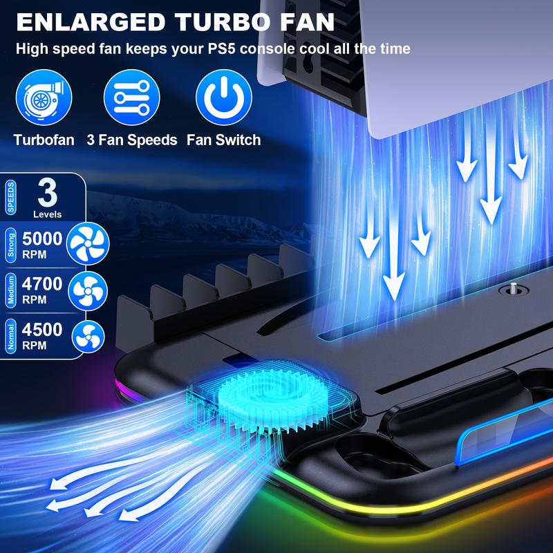 BEBONCOOL RGB PS5 Cooling Stand for PS5&PS5 Slim with Controller Charging Station, Headset Holder, and 15 Game Slots