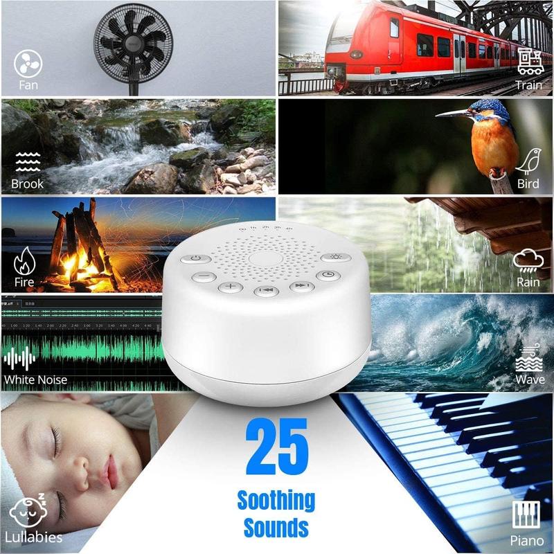 Sound Machine  White Noise Machine with 25 Soothing Sounds and Night Lights with Memory Function 32 Levels of Volume and 5 Sleep Timer Powered by AC or USB for Sleeping Relaxation (White)