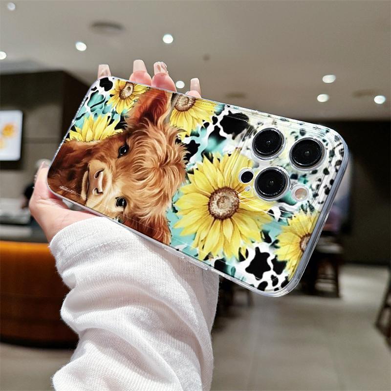 Cute Flower & Cow Pattern Phone Case, Anti-fall Decorative Phone Protector Cover, Phone Accessories Compatible with iPhone 11 12 13 14 15 Series