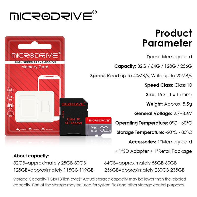 MicroDrive Micro TF SD Card, 1 Count High Speed Transmission Memory Card with Class 10 SD Adapter, 8GB 16GB 32GB 64GB 128GB 256GB Memory Card for Camera, Phone, Computer