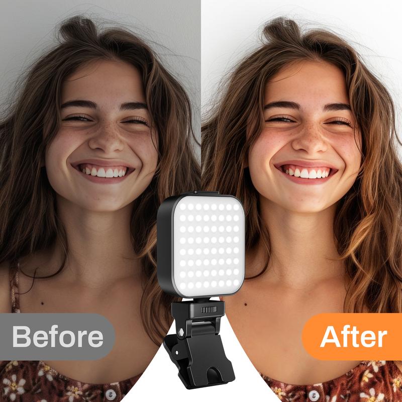 Portable LED rechargeable selfie light, adjustable 5 lighting modes, miniature with front and back clip cell phone light, suitable for cell phone, IPhone, Android, IPad, laptop, makeup, selfie, vlog, video conferencing