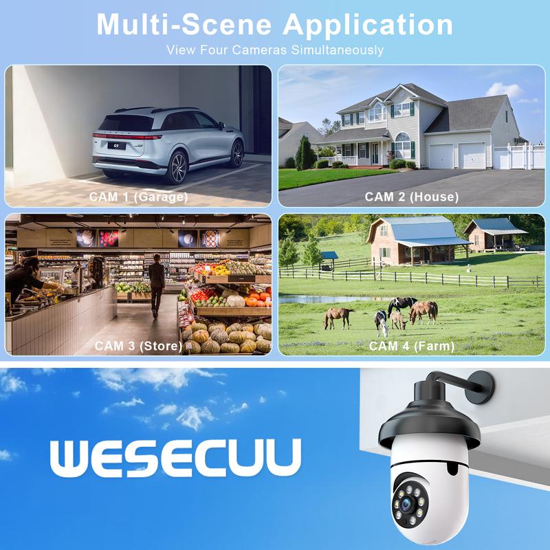 WESECUU Light Bulb Security Camera,Wireless 5G&2.4GHz WiFi,2K Indoor Outdoor Full Color Night,Two-Way Audio,Motion Detection,Sound Alarm