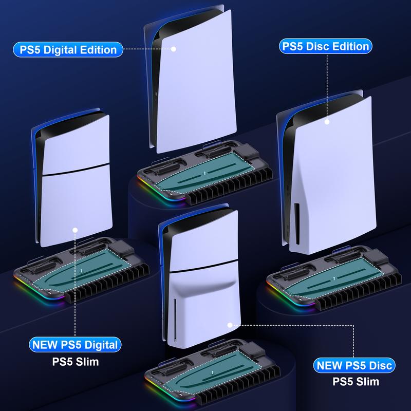 BEBONCOOL RGB PS5 Cooling Stand for PS5&PS5 Slim with Controller Charging Station, Headset Holder, and 15 Game Slots