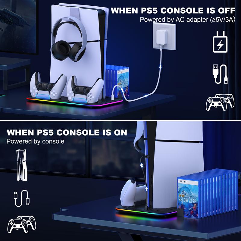 BEBONCOOL RGB PS5 Cooling Stand for PS5&PS5 Slim with Controller Charging Station, Headset Holder, and 15 Game Slots