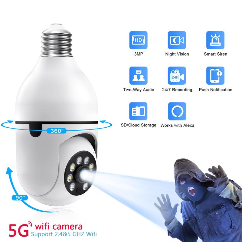 WESECUU Light Bulb Security Camera,Wireless 5G&2.4GHz WiFi,2K Indoor Outdoor Full Color Night,Two-Way Audio,Motion Detection,Sound Alarm