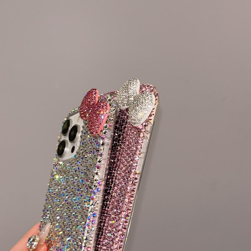 Rhinestone Bow Decor Phone Case, Cute Phone Cover, Fashion Phone Accessories Compatible with iPhone 15 14 13 12 11 Pro Max