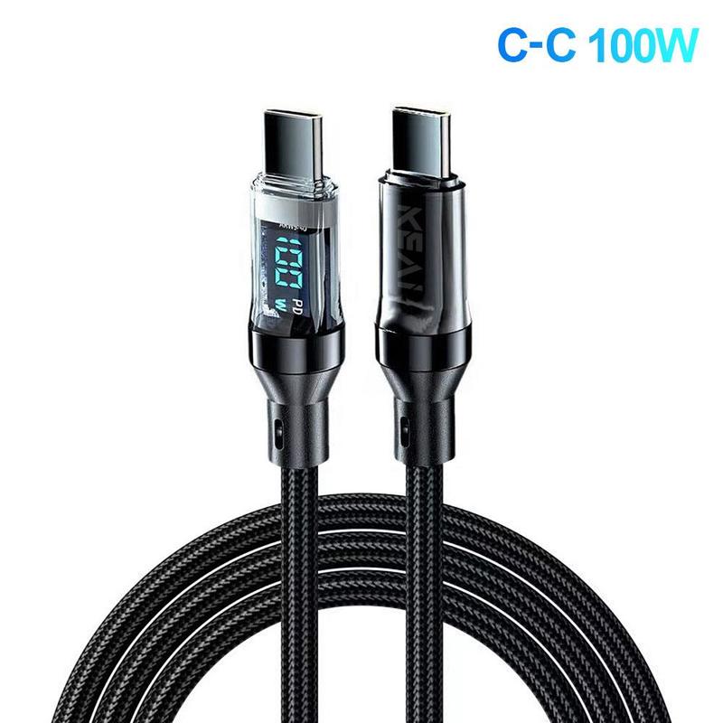 100W Fast Charging Type-C Data Cable, Intelligent Digital Display Phone Charging Cable, Wear-Resistant Nylon Braided Durable Data cable for iPhone 15 & Android, Smartphone Accessories