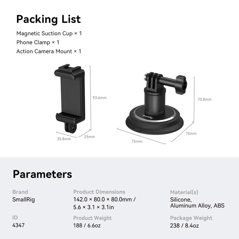 [Holiday Deal] SmallRig 2-in-1 Gym Magnetic Suction Cup Mount, Powerful Photography Kit Phone Holder, Sports Camera Mount for Gopro, for Insta360 and cellphone, 360º Rotation for Car and Gym for iphone16 Pro MAX 4347,Black Friday Cyber Monday