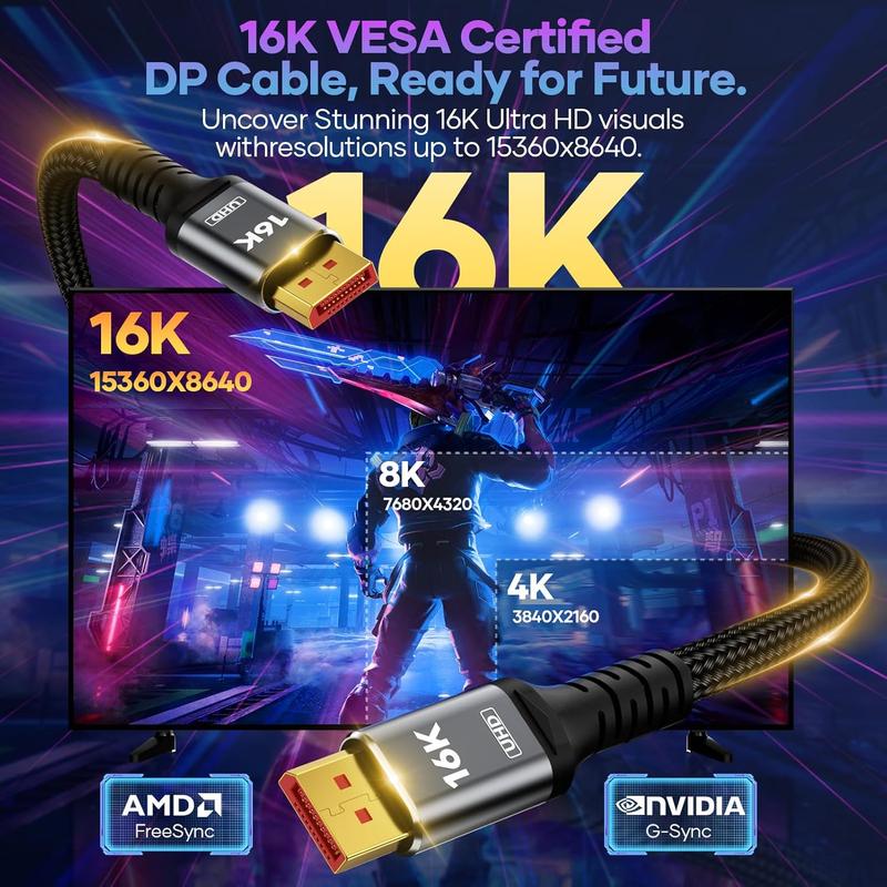 VESA Certified 16K Displayport  2.1, DP 2.1  25FT-7.5M [16K@60Hz, 8K@120Hz, 4K@240Hz 165Hz 144Hz] Support 80Gbps HDR, HDCP DSC 1.2a, Compatible FreeSync G-Sync Gaming Monitor 4090 7900xtx