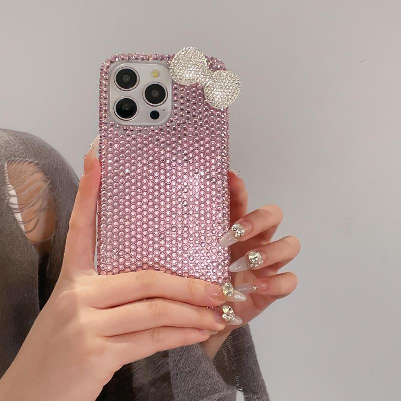 Rhinestone Bow Decor Phone Case, Cute Phone Cover, Fashion Phone Accessories Compatible with iPhone 15 14 13 12 11 Pro Max