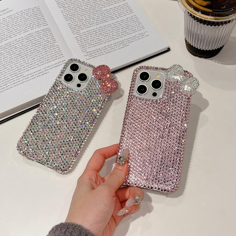 Rhinestone Bow Decor Phone Case, Cute Phone Cover, Fashion Phone Accessories Compatible with iPhone 15 14 13 12 11 Pro Max