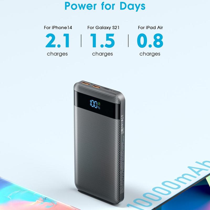 Portable Power Bank, 10000mAh Slim and Compact Battery Pack with Built-in LED Display, QC3.0 PD20W Fast Charging Power Bank for Android & iPhone