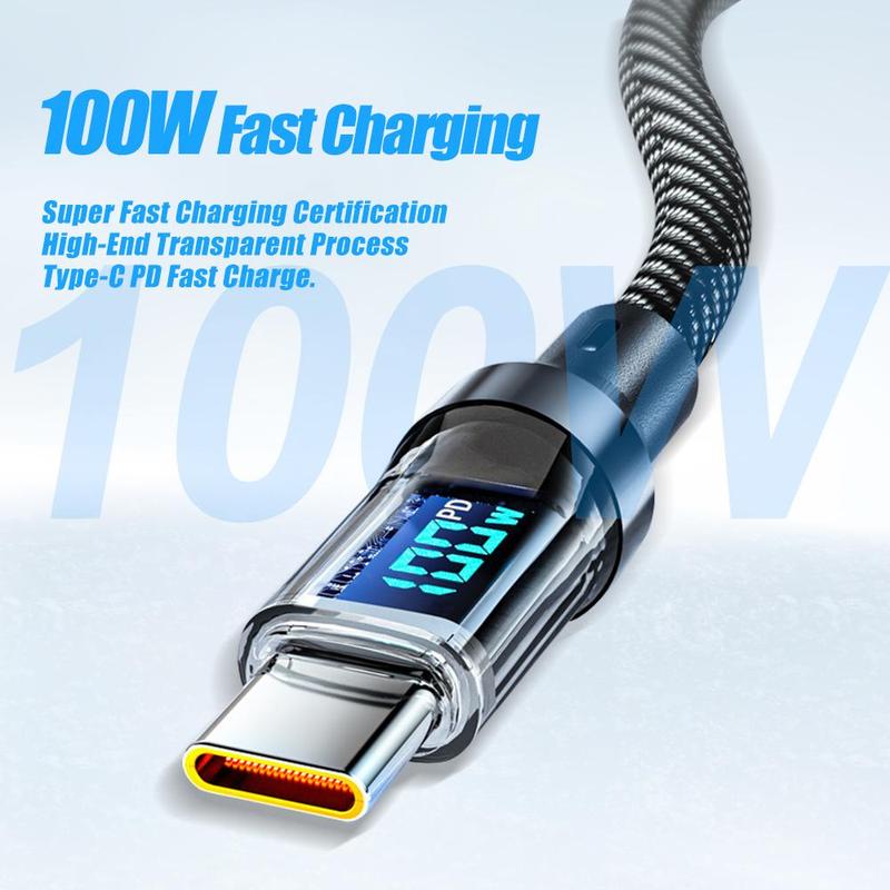 100W Fast Charging Type-C Data Cable, Intelligent Digital Display Phone Charging Cable, Wear-Resistant Nylon Braided Durable Data cable for iPhone 15 & Android, Smartphone Accessories