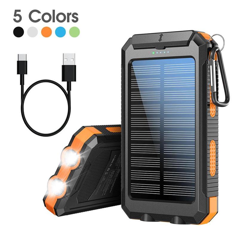 Solar Powered Power Bank, 10000mAh Portable Charger with Compass & LED Flashlight, Water & Dust Resistant External Battery Pack for Multiple Devices