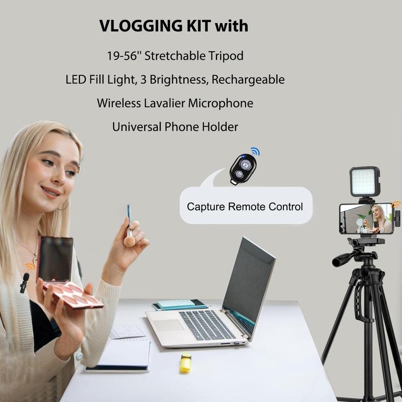 Portable Vlog Video Recording Kit, Phone & Camera Retractable Tripod with LED Fill Light & Wireless Microphone & Phone Holder, Professional Video Recording Tool Kit for Live Streaming, Vlogging Kit, Camera Stand, Videography Equipment