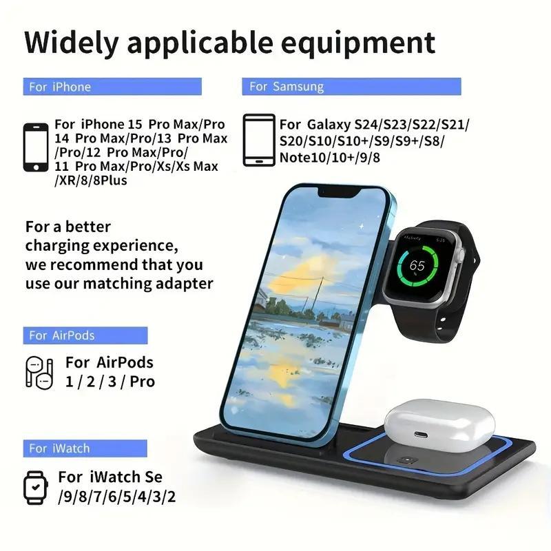 3 In 1 Wireless Charging Station, Portable Foldable Wireless Charger, Multifunctional Charging Station for iPhone iWatch AirPods