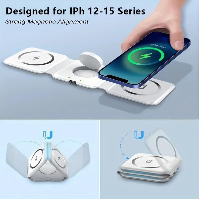 15W Foldable Magnetic Wireless Charger, 1 Count Portable 3 in 1 Wireless Charger, Multifunctional Wireless Charger for iPhone Watch AirPods