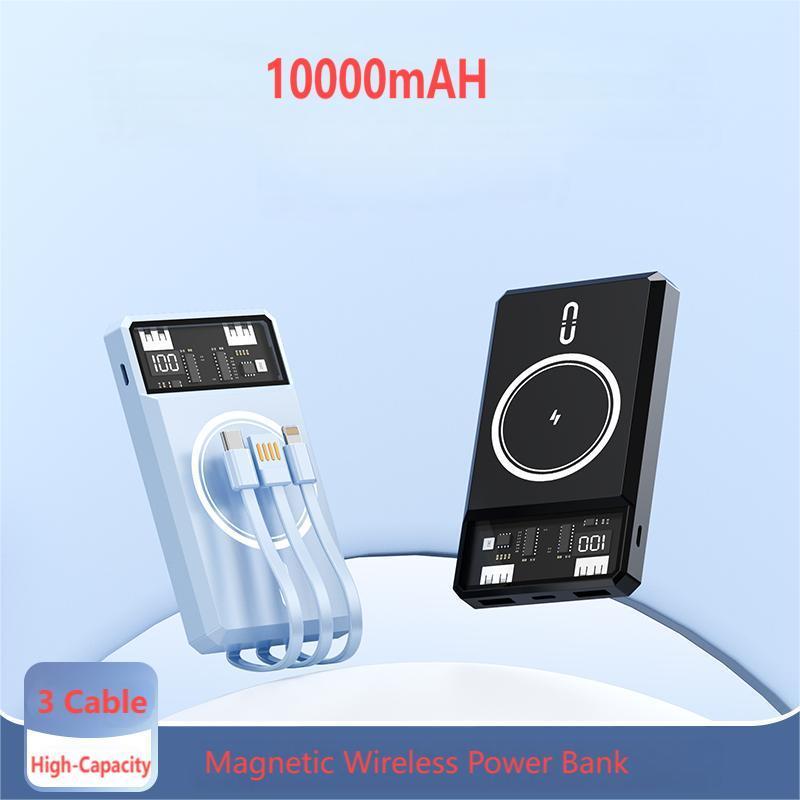 10000mAh Portable Magnetic Wireless Power Bank, Multifunctional Power Bank with 3 Output Cables, USB Type-C & Android Input Power Bank