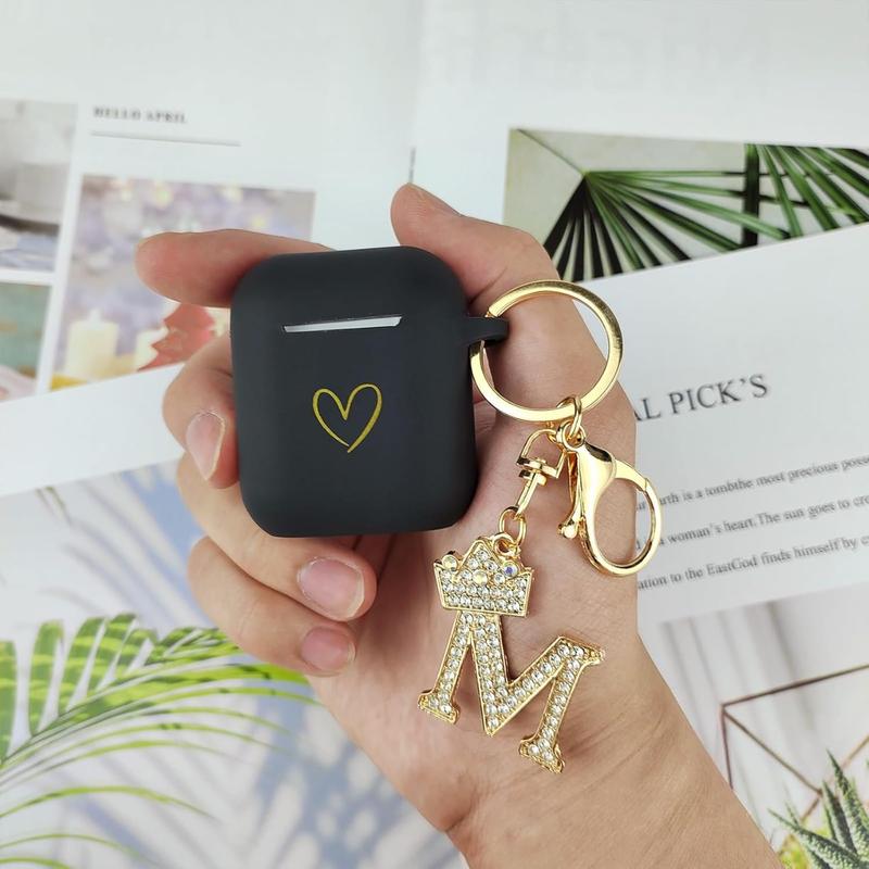 Compatible with AirPods Case Cover, Soft Silicone Case with  Heart Pattern for AirPods 2&1 Generation Case with Studded Letter A-Z Keychain (M Black)