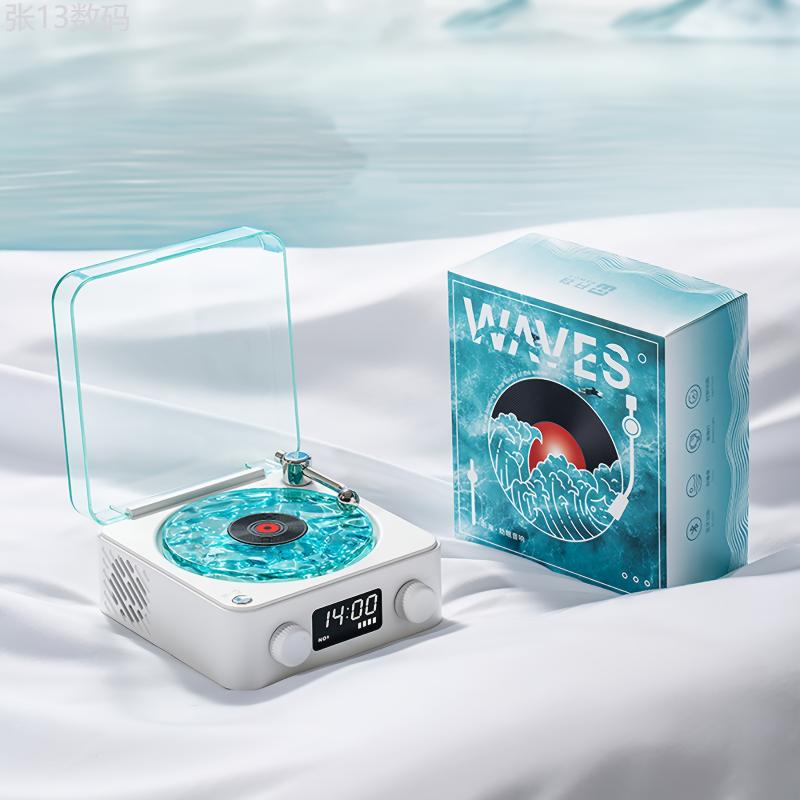 Waves Vinyl Record Player with Wireless Speaker & Adjustable Ocean Wave Lights - Wireless Desktop Clock for Bedroom, Office, Party Decor - Perfect Gift for Music Lovers Audio Cable Rechargeable Smartphone