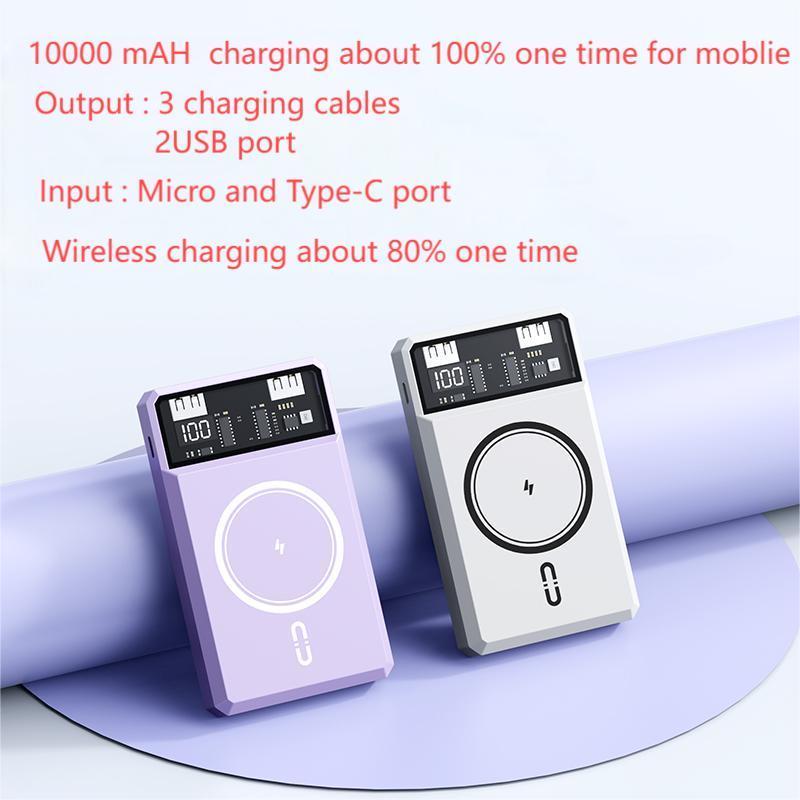 10000mAh Portable Magnetic Wireless Power Bank, Multifunctional Power Bank with 3 Output Cables, USB Type-C & Android Input Power Bank