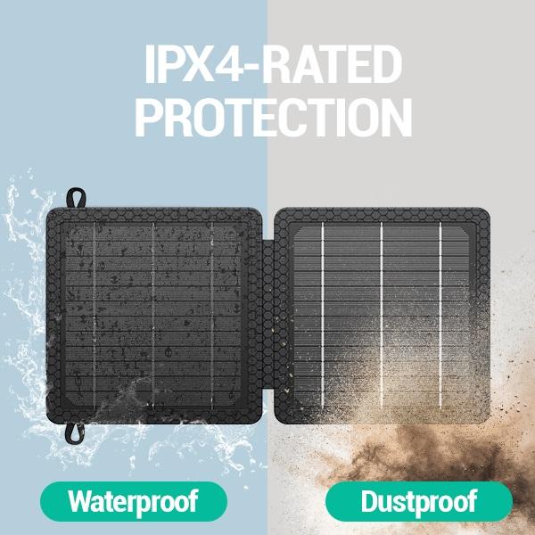 10W Solar Charger, IP65 Waterproof, Foldable with Dual USB Outputs (5V 2A Max) for iPhone, iPad, Samsung, and more. Ideal for outdoor use.