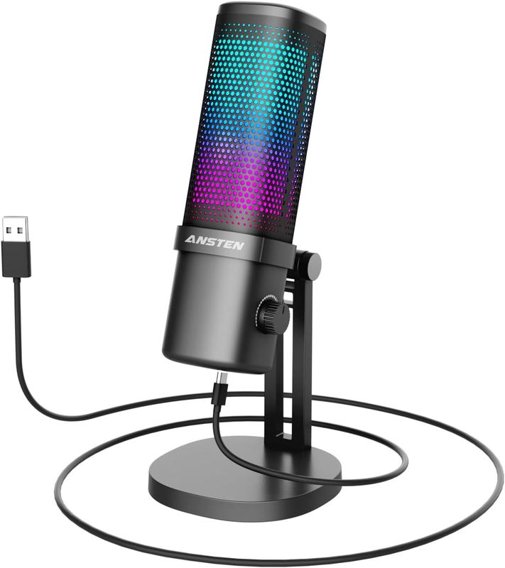 Condenser Microphone for PC PS4 PS5  Mac, RGB, Mute Touch, Pop Filter, Gain Knob, Monitoring for Streaming Podcast