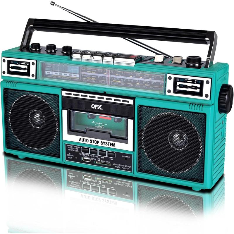 Aqua Turquoise Boombox with MP3 Conversion, 4-Band Radio (AM, FM, SW1, SW2), Bluetooth Connectivity, Dual 3