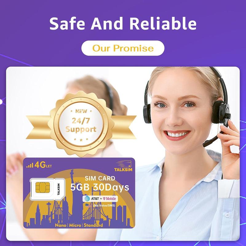 Prepaid 4G SIM Card for Smartphones, Security Cameras, GPS Tracking, and Hotspot. Includes 5GB Data Trial for 30 Days, with U.S. Servers (T-Mobile AT&T) and no extra fees.