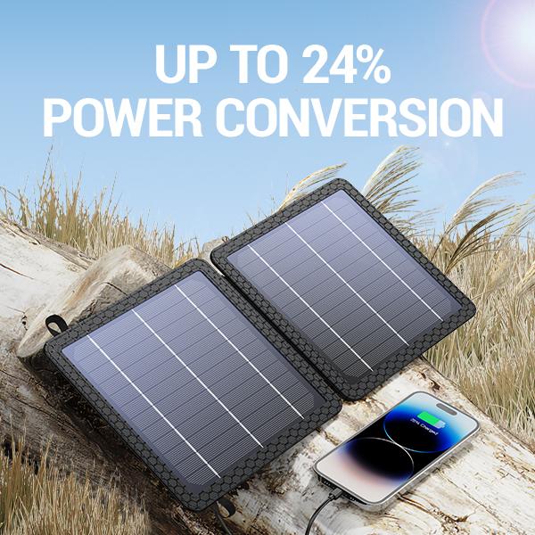 10W Solar Charger, IP65 Waterproof, Foldable with Dual USB Outputs (5V 2A Max) for iPhone, iPad, Samsung, and more. Ideal for outdoor use.