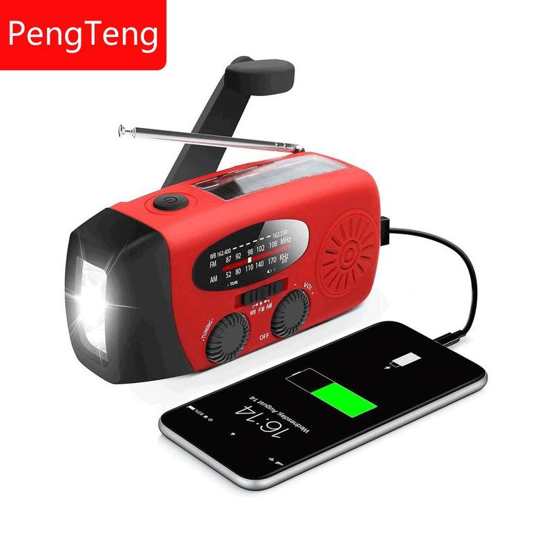 PENGTENG Solar Powered Radio with 3 LED Lights, AM FM NOAA Radio with Flashlight & Power Bank Function, Portable Radio with Solar Panel & Hand Crank for Outdoor