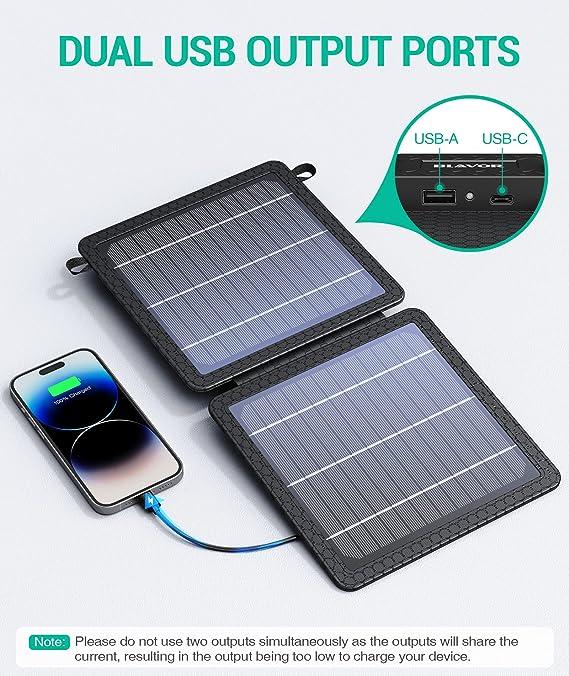 10W Solar Charger, IP65 Waterproof, Foldable with Dual USB Outputs (5V 2A Max) for iPhone, iPad, Samsung, and more. Ideal for outdoor use.