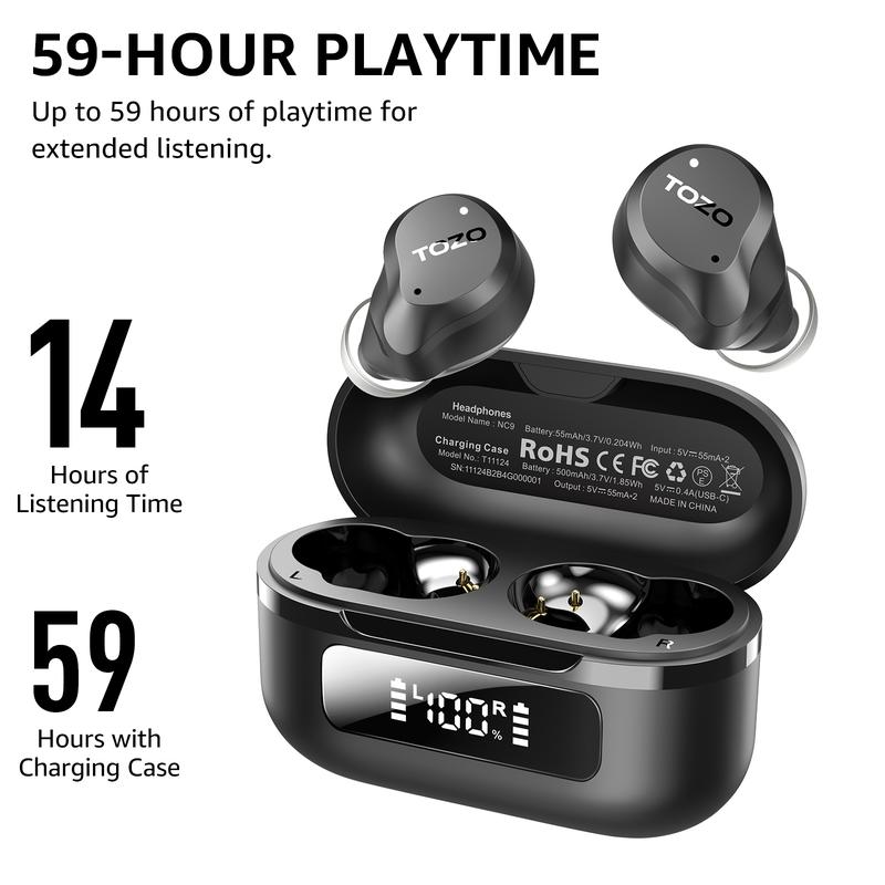 TOZO 2024NC9 Hybrid Active Noise Cancelling Wireless Earbuds, 6 Mics ENC Clear Call, IPX8 Waterproof, in Ear Bluetooth 5.3 Headphones Stereo Bass Heasets 59H Playtime with LED Display 32 EQs via APP