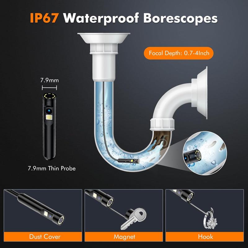 Dual Lens Endoscope Camera with Light  Borescope 1920P HD Inspection Camera with Light, IP67 Waterproof Borescope Camera with Light Scope Camera Endoscope Camera for Android, iPhone, iPad