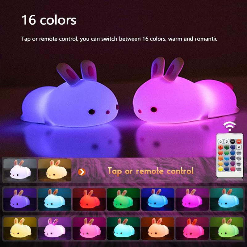 Cute Bunny Night Light, USB Rechargeable Kids Night Light, Warm White and 16 Colors Breathing Modes Led Animal Lights for Girls, Childrens, Toddler, Baby and Kids Christmas Gifts