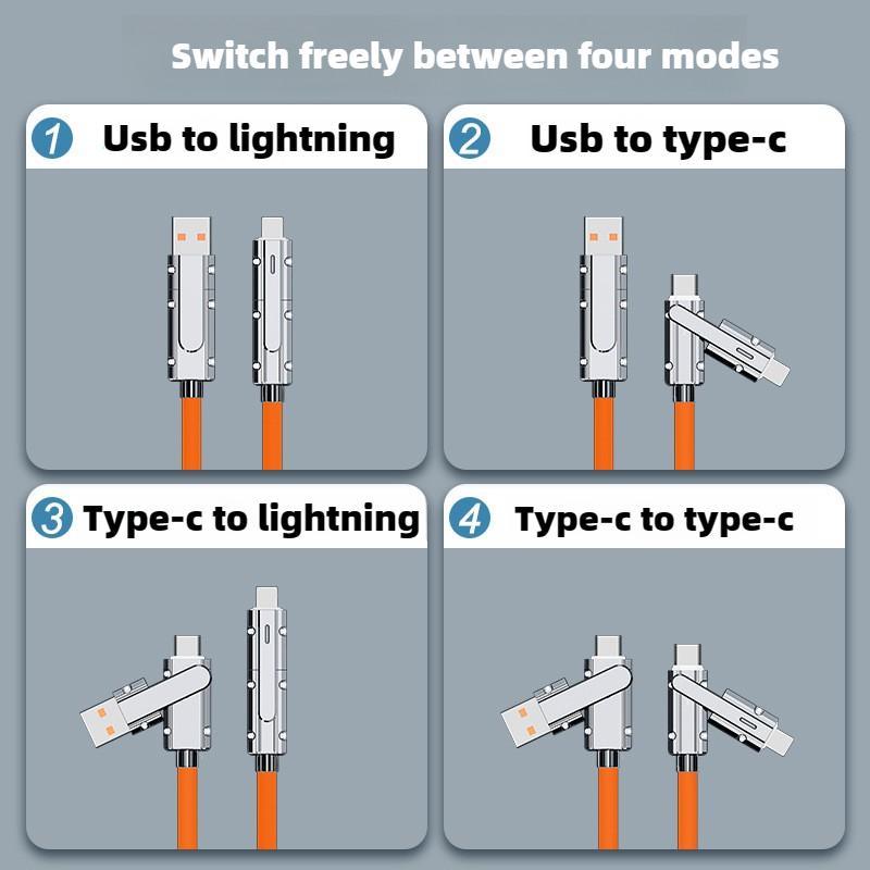 Type-C Charging Data Cable, 1 Count 100W 4 in 1 Multipurpose Phone Fast Charging Data Cable, Multifunctional USB Charging Cable for iPhone & iPad